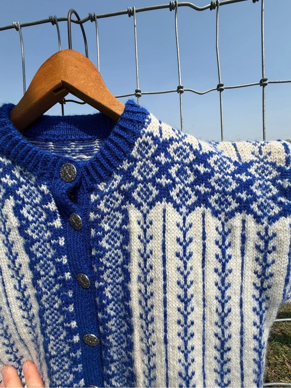 Blue and White Nordic Knit Button-Up Sweater - women’s